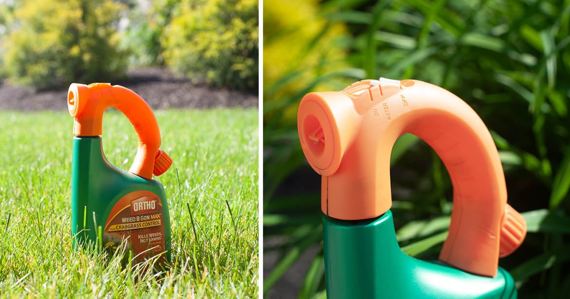 left image shows a distinctive ready-to-spray bottle of weed killer sitting in the grass. Right image shows close up of the same bottle handle, focusing on a toggle at the top of the handle.