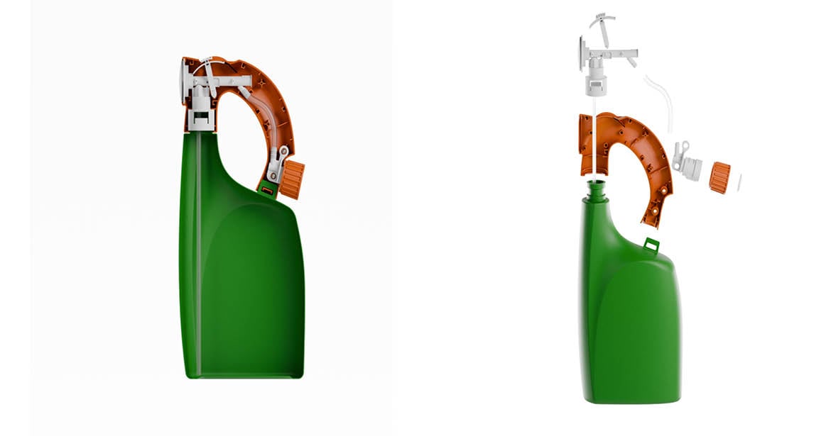 Left image is a cross section of the weed killer bottle, showing the inner mechanism tucked inside. Right image is also a cross section of the same bottle, showing an exploded view of the working components. 