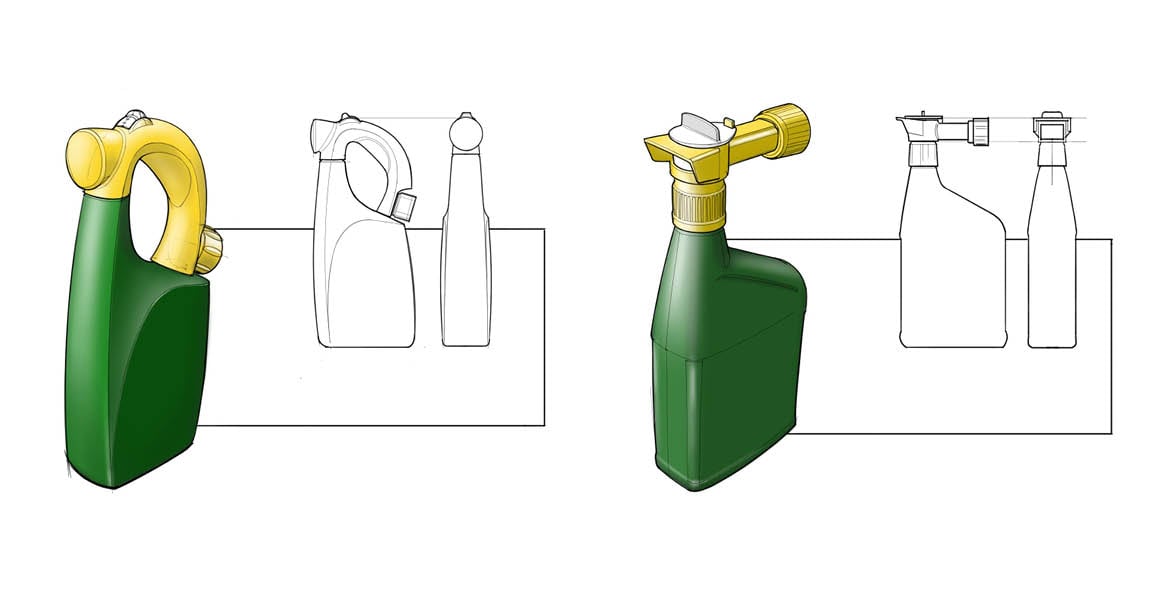 two technical drawings showing concepts for RTS bottles. One is the final design used, with the distinctive curved handle. The other has a straight handle with a twist control on top. 